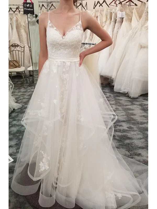 Popular Tulle Spaghetti Straps Neckline A-line Wedding Dresses With Appliques Beautiful Wholesale