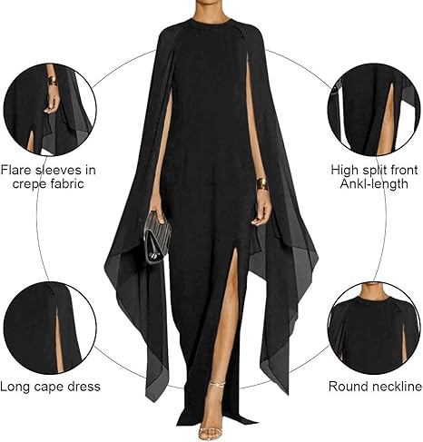 Women's Elegant High Split Flare Sleeve Formal Evening Gowns Maxi Dress Women's Elegant High Split Flare Sleeve Formal Evening Gowns Maxi Dress with Cape Party Dress Wholesale