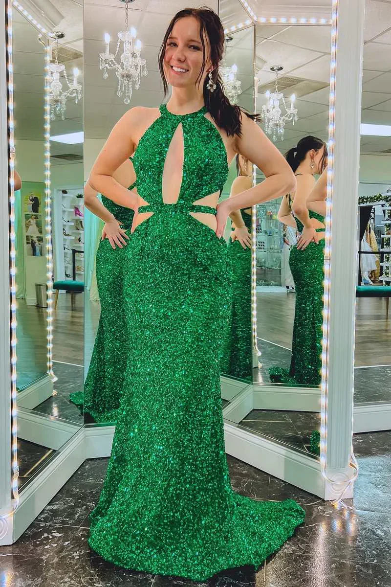 Wholesale Green Sequin Keyhole Cutout Mermaid Long Formal Dress Charming Evening Party Dress