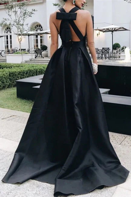 Elagant Black A-Line Deep V Neck Formal Long Party Dress Sleeveless Evening Dress Wholesale