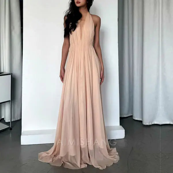 Aimishang Elegant Open Back V Neck Flowy Halter Long Prom Dress Sexy Evening Party Dress Fashion Women's Dresses