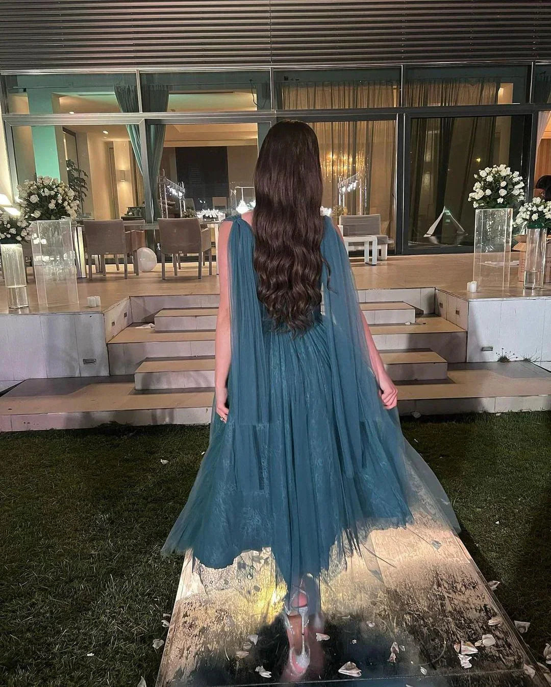 Aimishang Elegant Formal Women's Dresses Blue A Line Tulle Prom Dress Lace Evening Party Gown