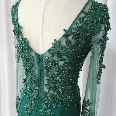 Green Long Sleeves Appliques Mermaid Formal Prom Dress Elegant Evening Dress Wholesale