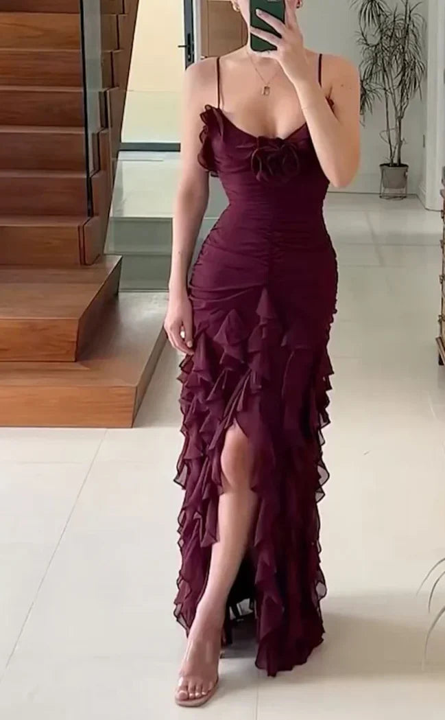 Aimishang Elegant Gowns Evening Dresses Spaghetti Straps Chiffon Ruffle Evening Party Dress