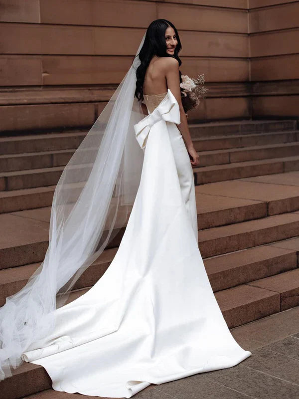 Unique Satin Strapless Floor-length Sheath Bridal Gowns Off Shoulder Wedding Dress With Bow