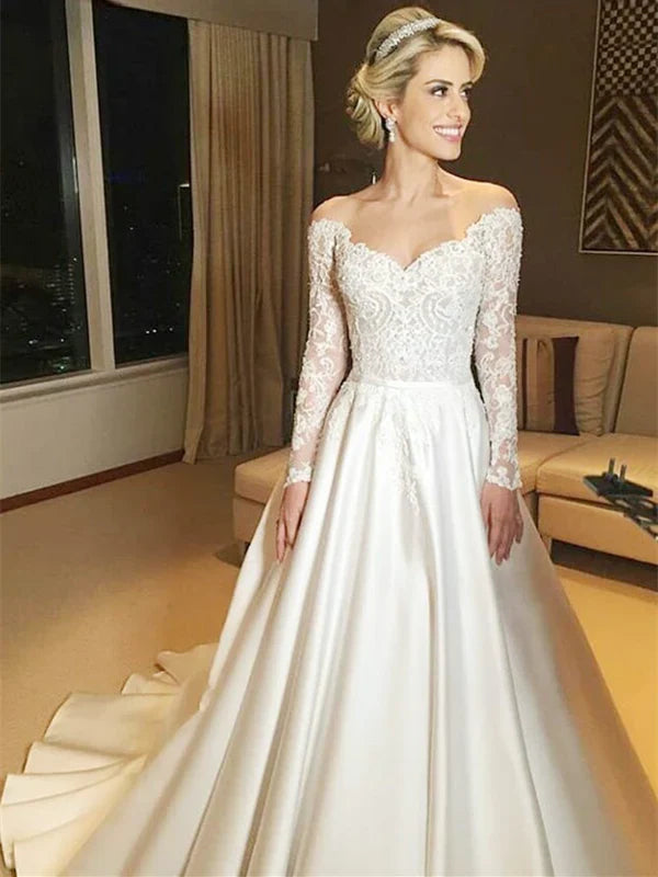 Fantastic Off-the-shoulder A-line Wedding Dresses Satin Appliqued Gowns Elegant