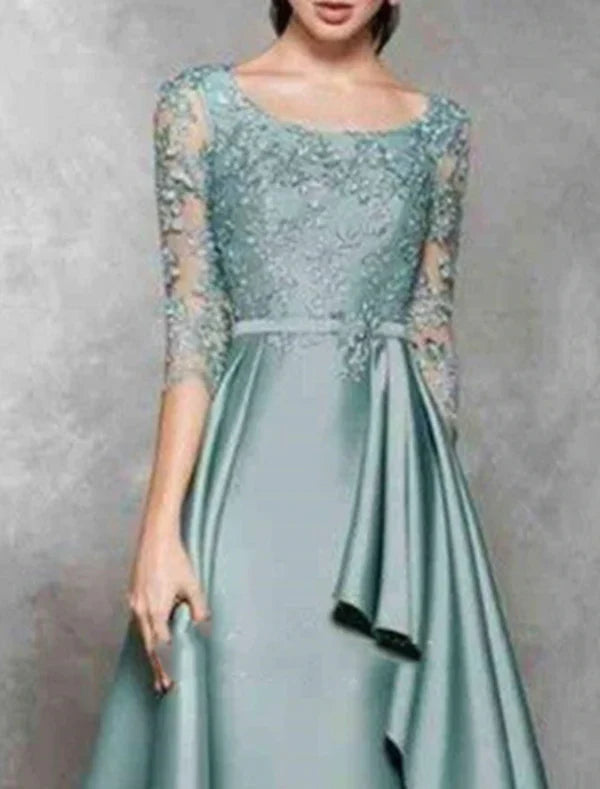 A-Line Mother of the Bride Dress Wedding Guest Elegant Jewel Neck Floor Length Satin Lace 3/4 Length Sleeve No with Sash / Ribbon Ruffles Appliques Beautiful