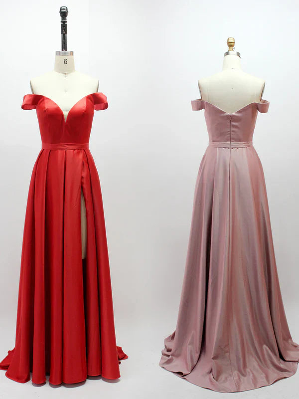 Simple Satin A-line Prom Dresses With Cap Sleeves And Slit Off Shoulder Elegant Evening Dress Wholesale