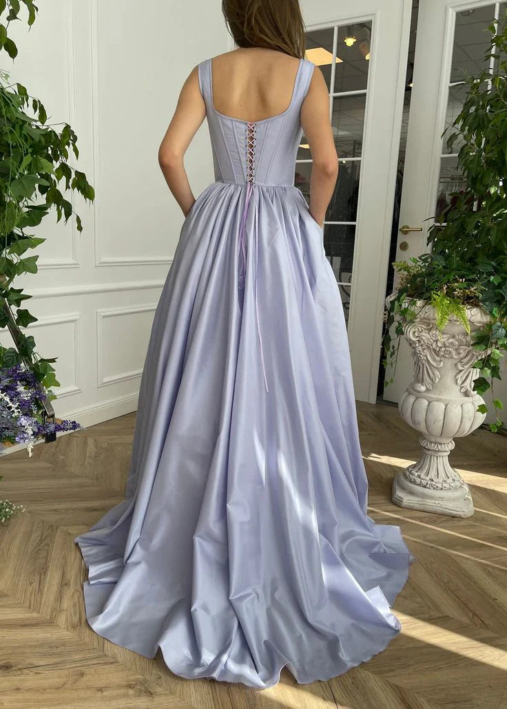 Wholesale Modest Square Neck A-Line Evening Dress Satin Prom Dresses Elegant Party Dress