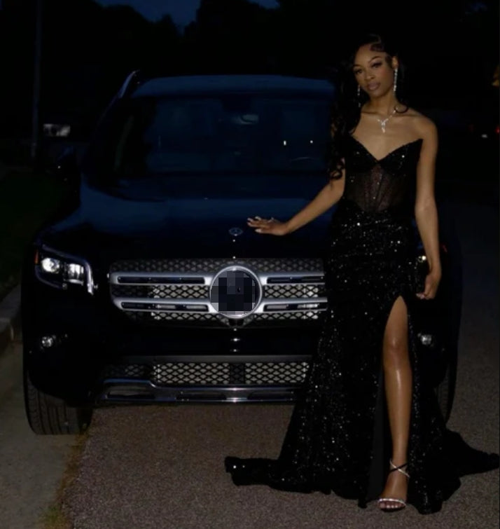 Aimishang Sexy Strapless Black Girl Long Dress Black Prom Dress Evening Party Dress With Slit