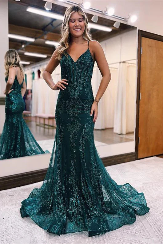 Sequins A Line Evening Dress With Appliques And Spaghetti Straps Sparkly Prom Dress