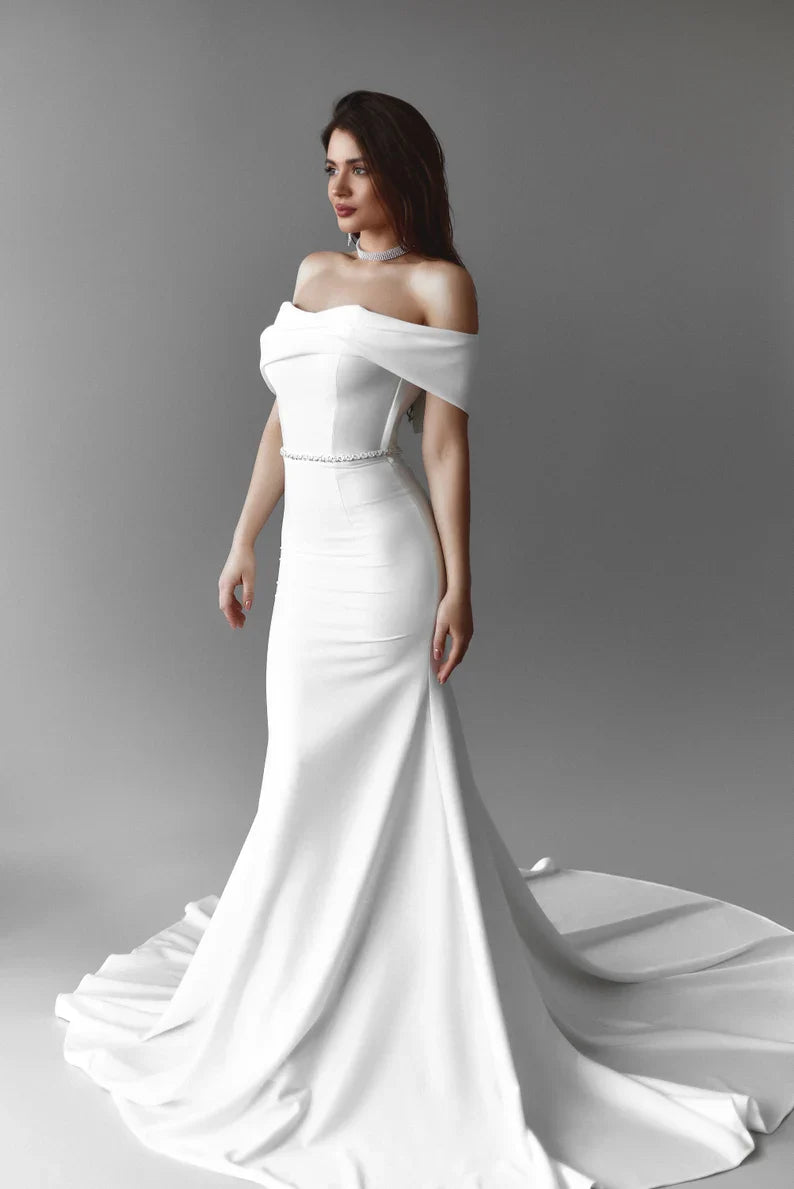 Aimishang Dress Wholesale Elegant Mermaid Off Shoulder Simple Wedding Dress With Train