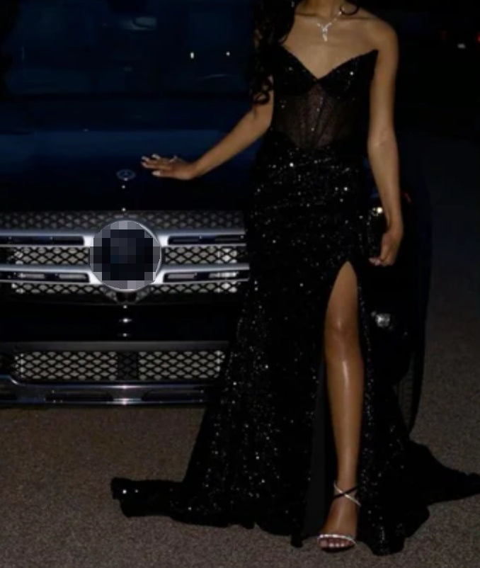 Aimishang Sexy Strapless Black Girl Long Dress Black Prom Dress Evening Party Dress With Slit