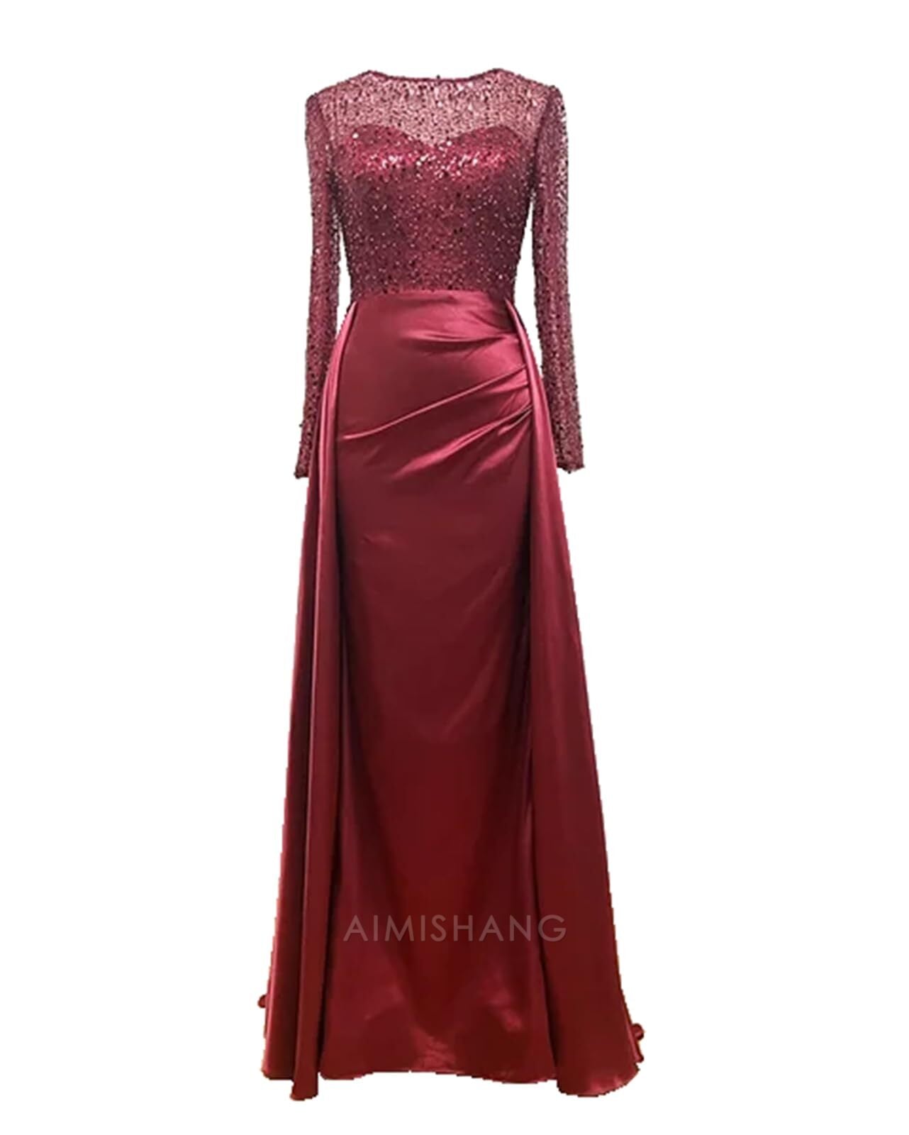 Aimishang Mermaid Sequin Evening Gown Ruched Satin Dress Long Sleeves Floor Length Sparkle Illusion Neck Fall Wedding Guest Dress with Pearls Overskirt