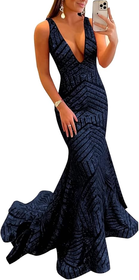 Aimishang Dress Wholesale Sequin Mermaid Prom Dresses Long Sparkly Evening Gown Deep V Neck Backless Formal Party Gowns