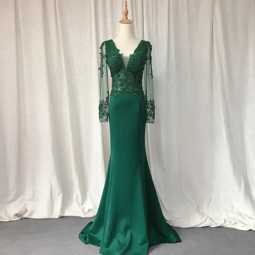 Green Long Sleeves Appliques Mermaid Formal Prom Dress Elegant Evening Dress Wholesale