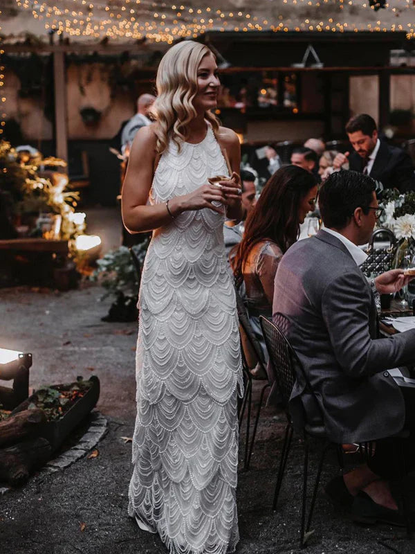 Sexy Sequin Wavy beaded lace Backless Halter Neckline Floor-length Train Wedding Dresses Elegant