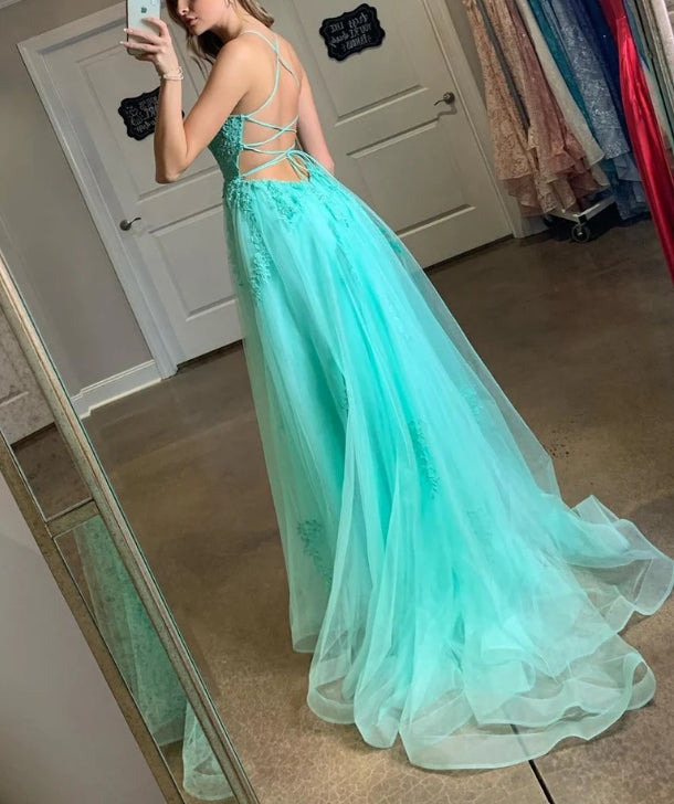 Spaghetti Straps A-line Prom Dresses Tulle Appliqued Gowns With Slit Beautiful Wholesale
