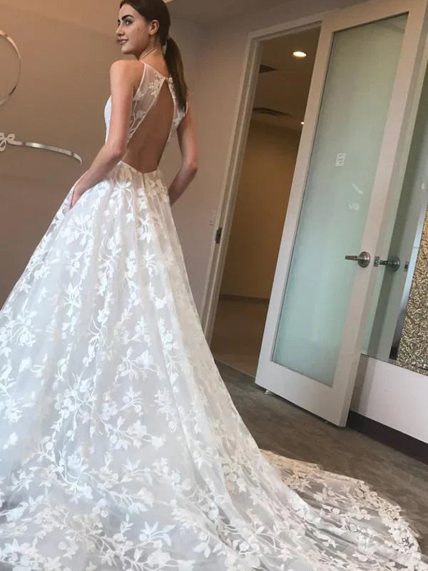 Sexy Lace Spaghetti Straps Neckline A-line Wedding Dresses With Pleats V-neck Floor Length Charming Wholesale