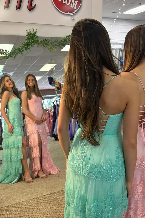 Aimishang Pink Spaghetti Straps Tiered Long Prom Dress with Slit Charming Evening Dress Wholesale