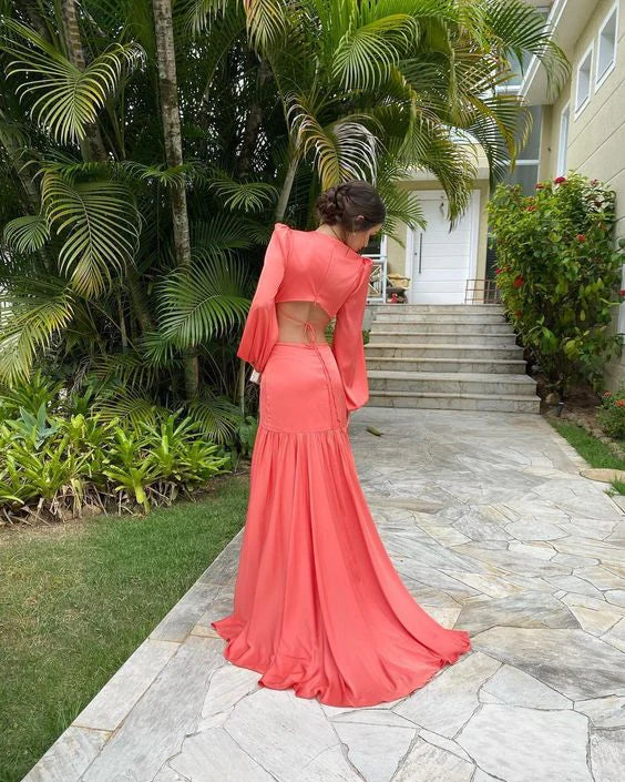 Coral Long Sleeves V Neck Long Party Dress Evening Dress Charming Formal Dress Wholesale