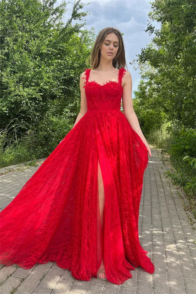 Red Front Split Evening Dress With Sleeveless Appliques Floor Length Beautiful Prom Dress Wholesale