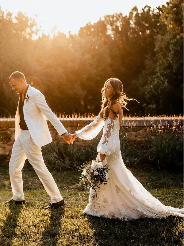 Delicate Floral Lace Spaghetti Straps Long Sleeves Mermaid Wedding Dresses Elegant