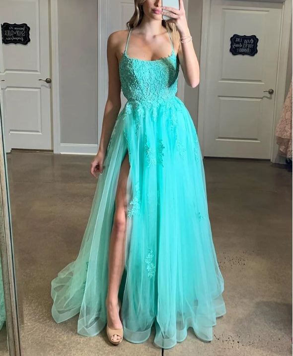 Spaghetti Straps A-line Prom Dresses Tulle Appliqued Gowns With Slit Beautiful Wholesale