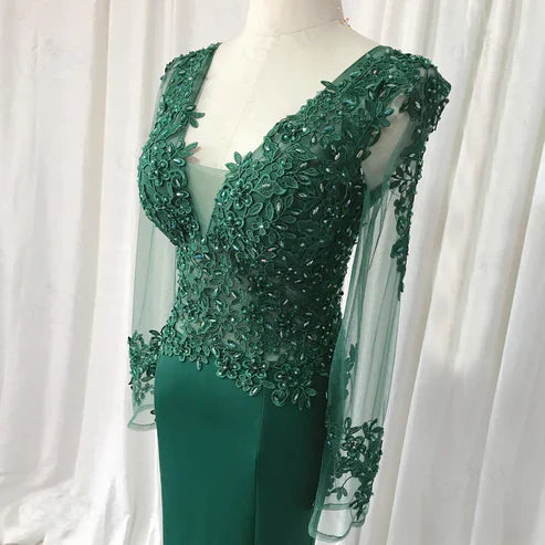 Green Long Sleeves Appliques Mermaid Formal Prom Dress Elegant Evening Dress Wholesale