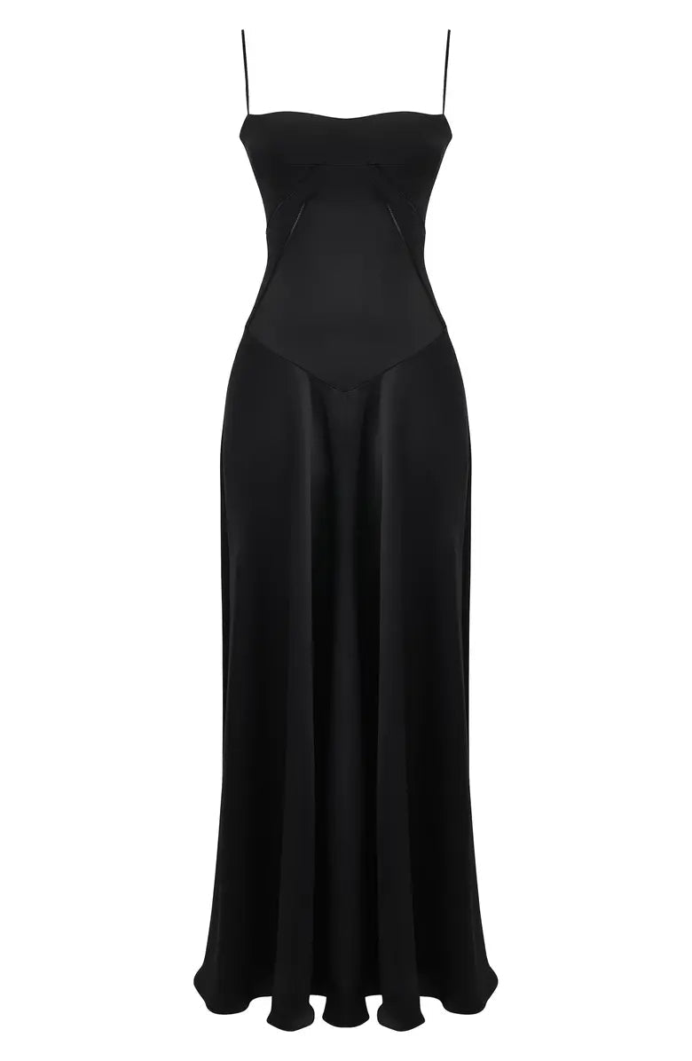 Noble black backless lace up satin thin shoulder strap and floor length evening dress