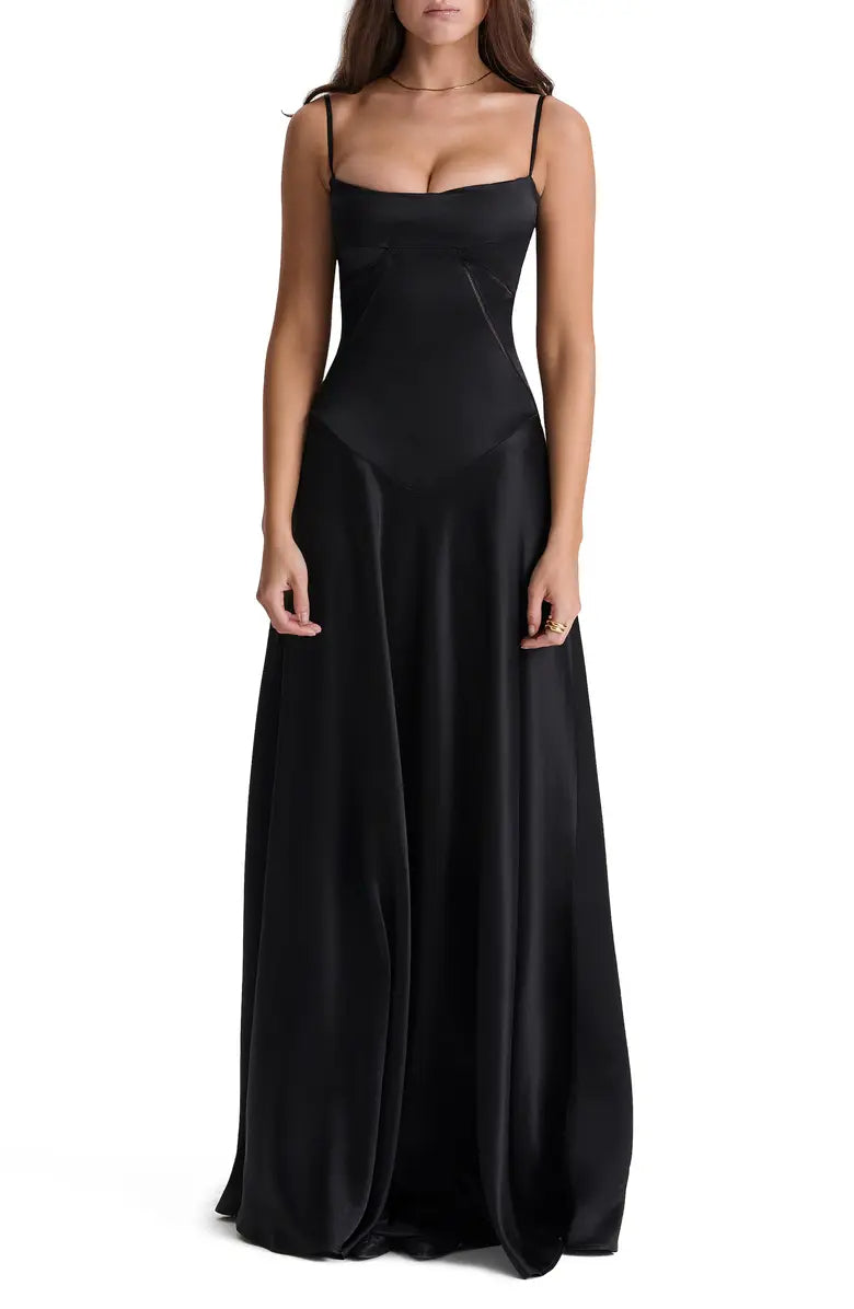 Noble black backless lace up satin thin shoulder strap and floor length evening dress