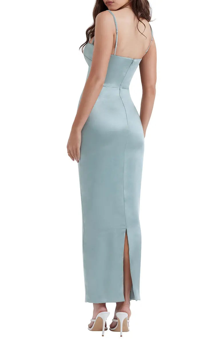 Elegant slim shoulder strap off shoulder satin long backless evening dress