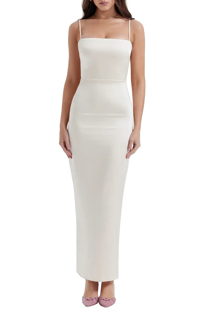 Elegant slim shoulder strap off shoulder satin long backless evening dress