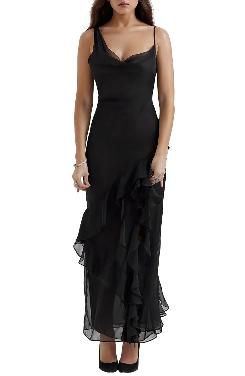 Elegant asymmetrical shoulder strap high neck chiffon chiffon sheer ruffled evening dress