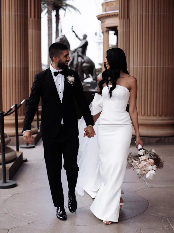 Unique Satin Strapless Floor-length Sheath Bridal Gowns Off Shoulder Wedding Dress With Bow