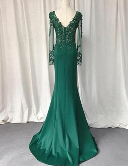 Green Long Sleeves Appliques Mermaid Formal Prom Dress Elegant Evening Dress Wholesale
