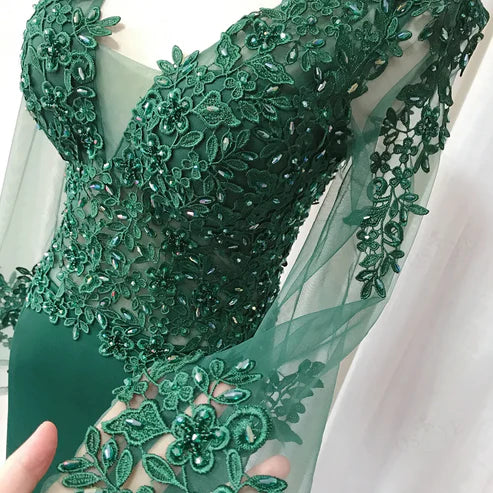 Green Long Sleeves Appliques Mermaid Formal Prom Dress Elegant Evening Dress Wholesale