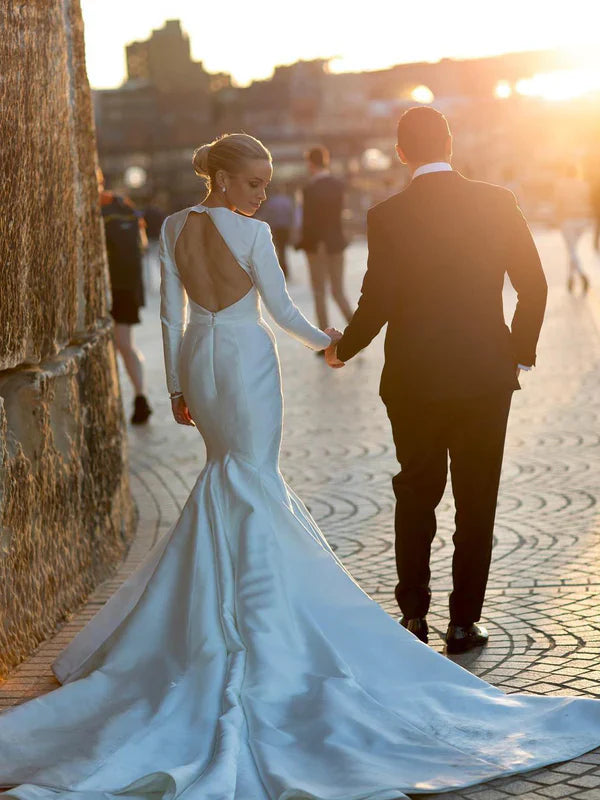 Grace Satin Long Sleeves Chapel Train Backless Mermaid Wedding Dress Simple Elegant