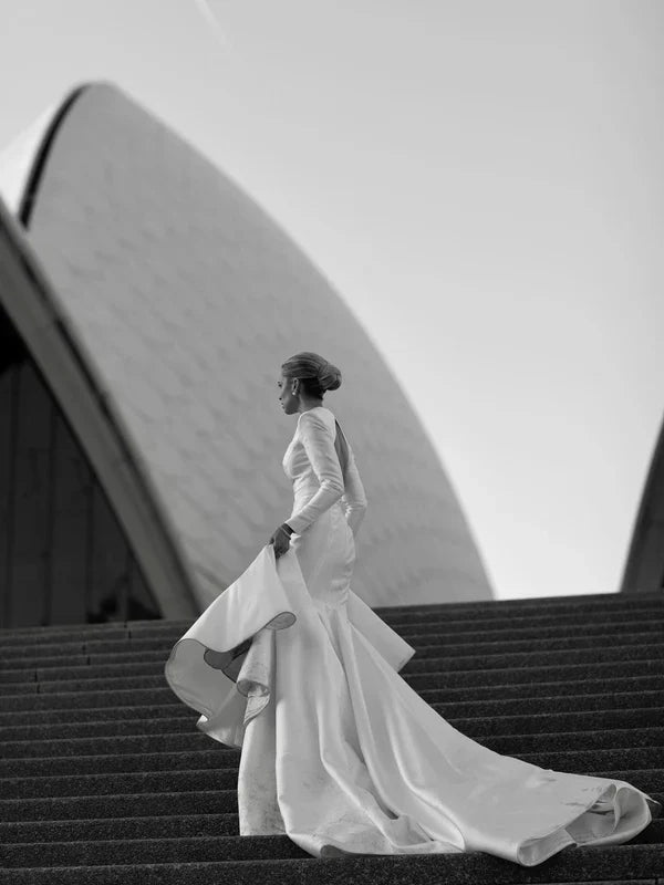 Grace Satin Long Sleeves Chapel Train Backless Mermaid Wedding Dress Simple Elegant