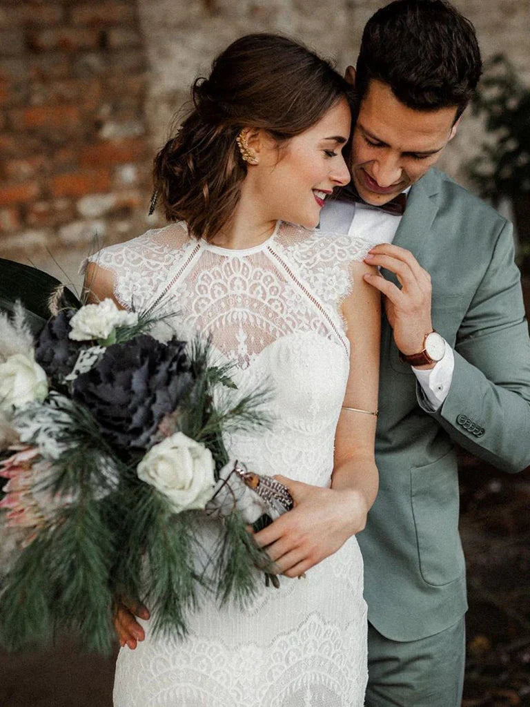 Fabulous Mermaid Lace Backless Sweep Train Wedding Dresses With Cap Sleeves Gown Elegant