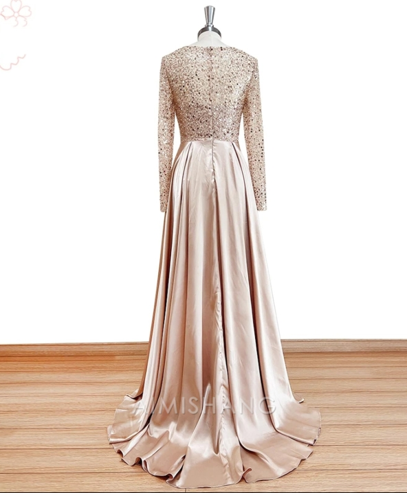 Aimishang Mermaid Sequin Evening Gown Ruched Satin Dress Long Sleeves Floor Length Sparkle Illusion Neck Fall Wedding Guest Dress with Pearls Overskirt