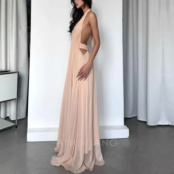Aimishang Elegant Open Back V Neck Flowy Halter Long Prom Dress Sexy Evening Party Dress Fashion Women's Dresses