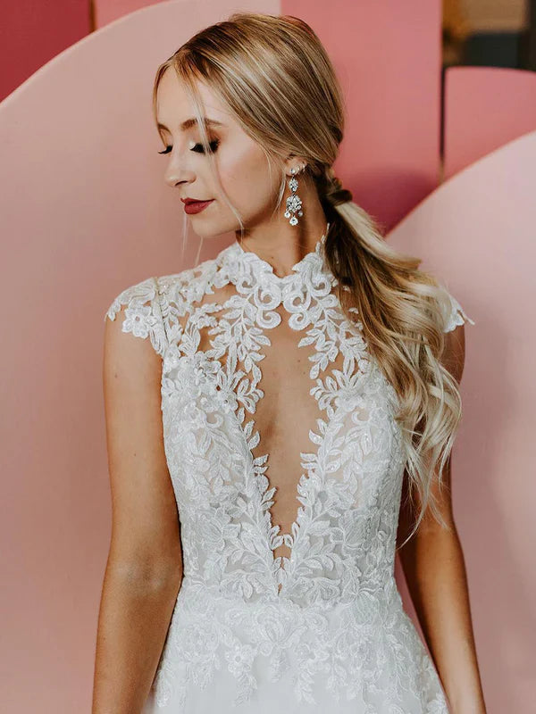 Elegant Applique A-line Lace Chapel Train Wedding Dresses With Sequins Beautiful