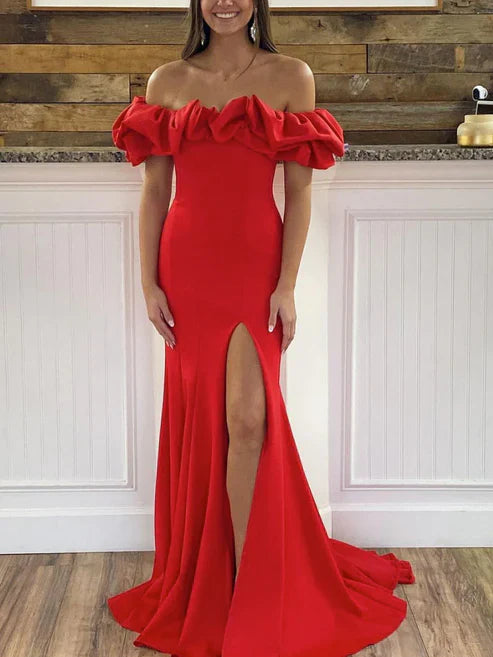 Wholesale Fashion Red Off The Shoulder Mermaid Prom Dress Evening Dress With Slit