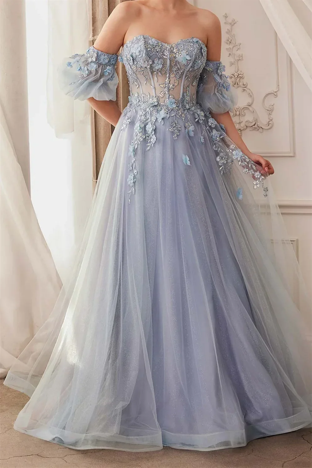 Sweetheart A Line Prom Dress Corset Tulle Evening Dress With Sleeves Off Shoulder Beautiful Wholesale