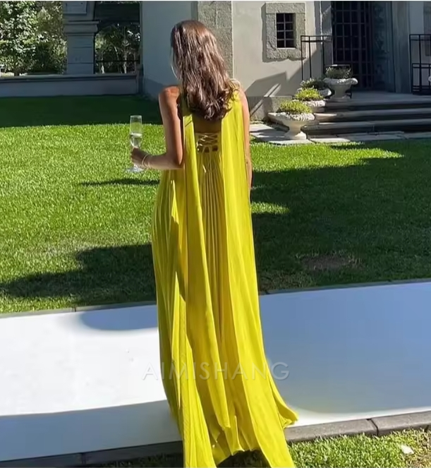 Aimishang Elegant Long Prom Dress Women Sexy Sleeveless Pleated Charming Evening Party Dress