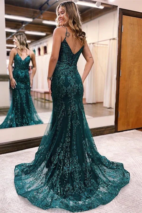Sequins A Line Evening Dress With Appliques And Spaghetti Straps Sparkly Prom Dress