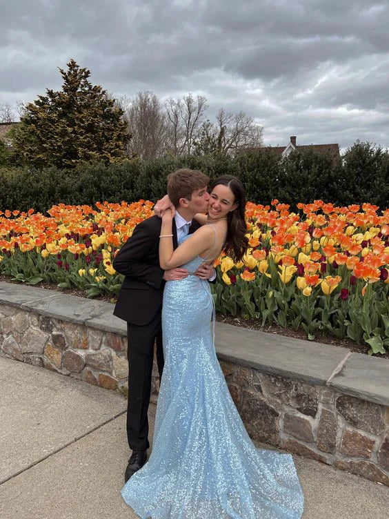 Light Blue V Neck Straps Lovely Mermaid Long Prom Dress Sparkly Evening Dress Wholesale