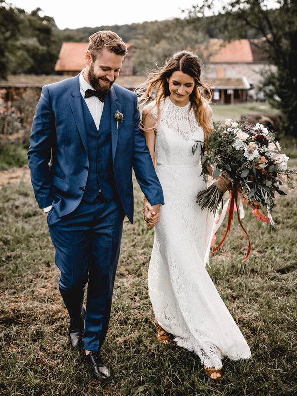 Fabulous Jewel Lace wedding Dresses Sleeveless Backless Bridal Gowns Elegant