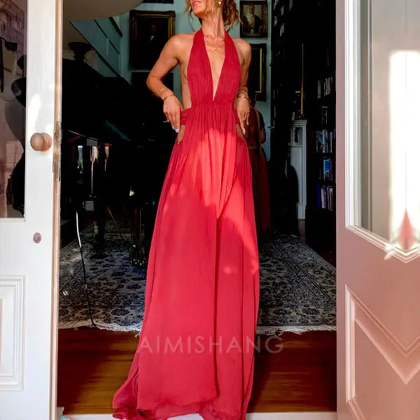 Aimishang Elegant Open Back V Neck Flowy Halter Long Prom Dress Sexy Evening Party Dress Fashion Women's Dresses